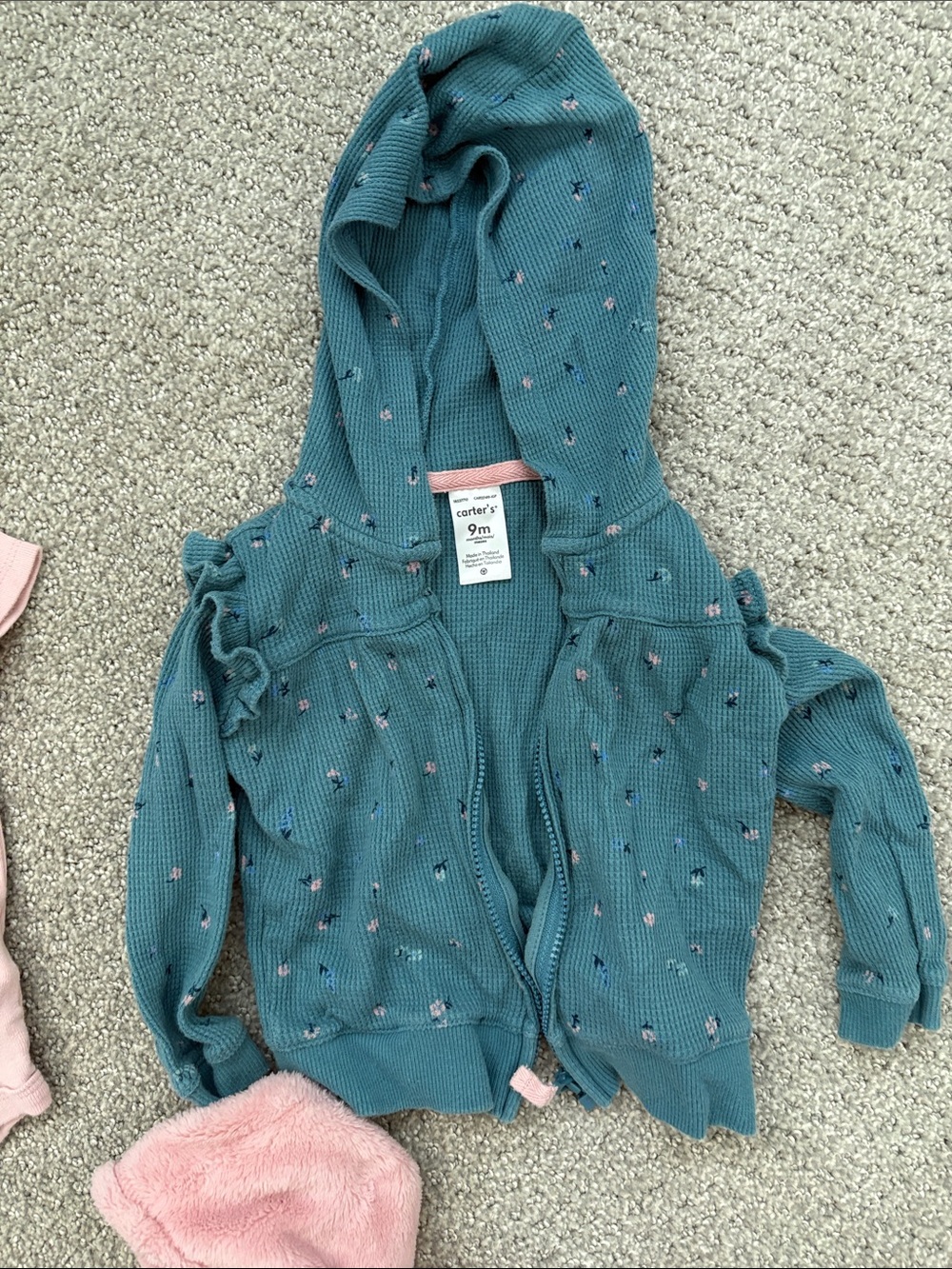 Carter's Pink Floral Bodysuit with Teal Zip Hoodie & Soft Pink Plush Pullover - Picture 4 of 5